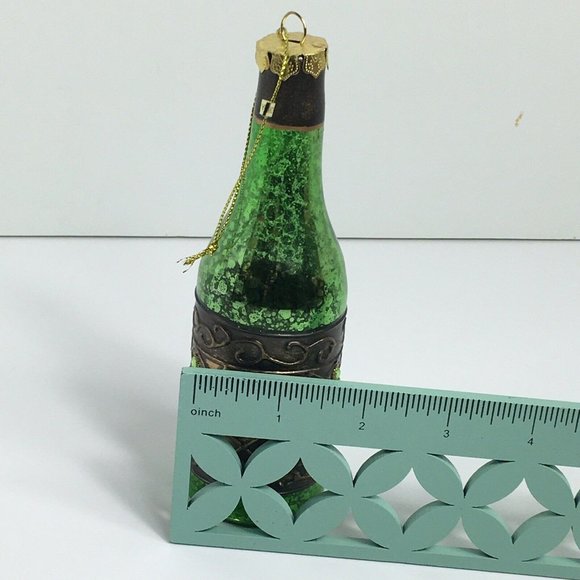 Wine Bottle Christmas Holiday Glass Ornament With Stones Green Ornate 6" Hanging - Picture 8 of 12